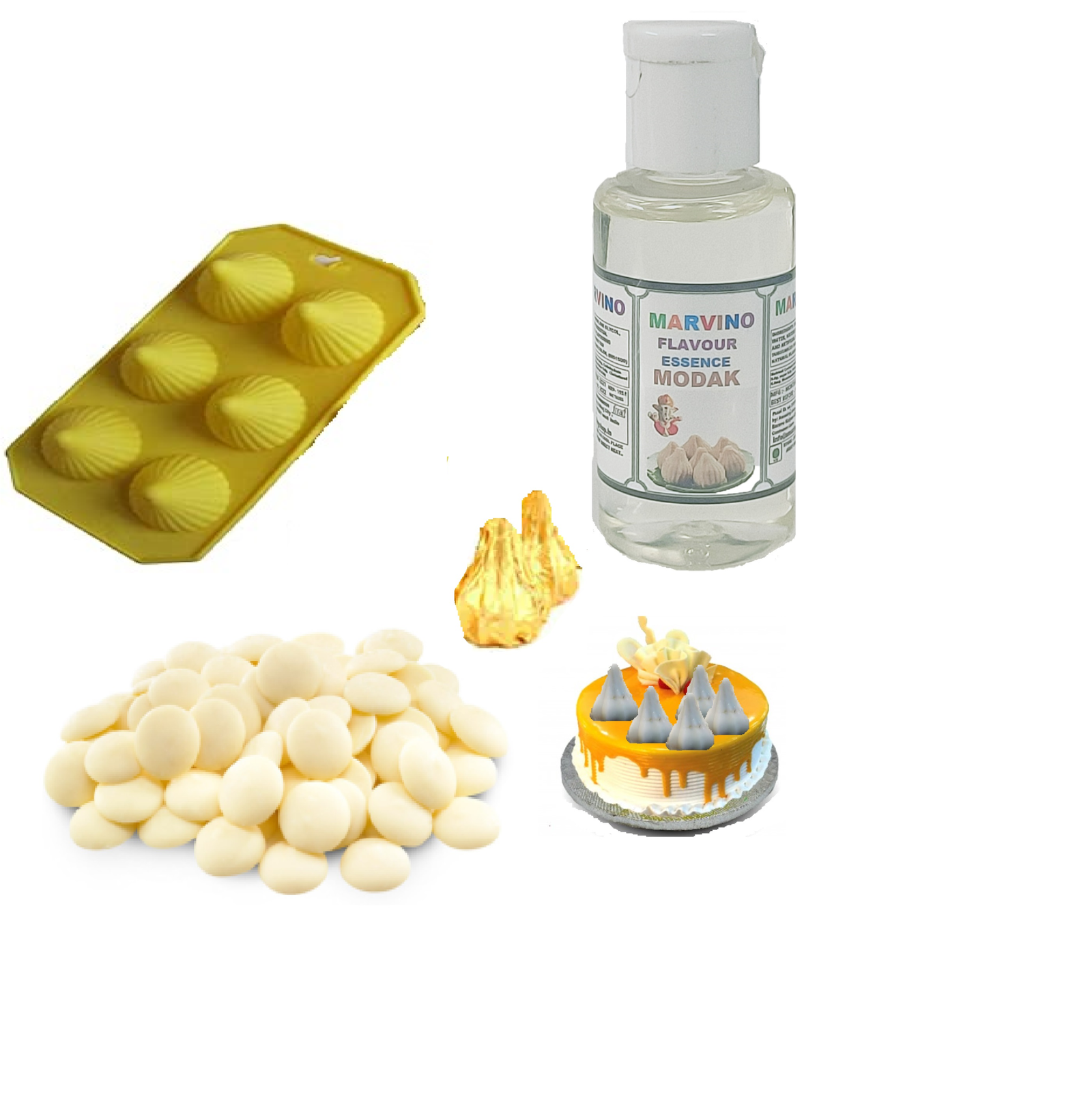 Marvino Silicone Modak Mould 6 Cavaties Modak Flavoring Essence & White Chocolate Mentos 400 gm