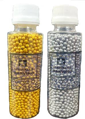 Marvino Silver & Golden Sprinkles 3 For Decorating Cakes, Icecreams, Pastries (Pack of 2) Silver & Gold 3 100 Gm Sprinkles