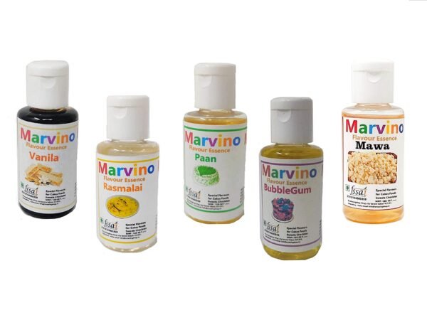 Marvino 5 Flavors Essence Extract Set for Flavoring Cakes Fondant whipcreams Pastries Chocolates and Sweets Rasmalai , Paan, Rose, Mawa ,Vanilla, Bubb