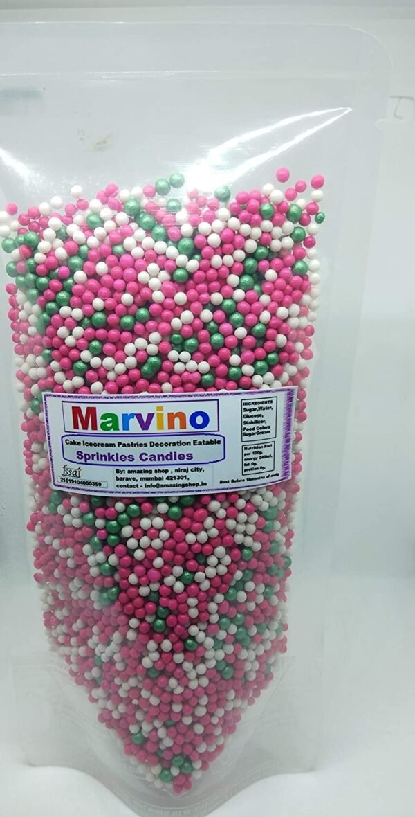 Marvino Edible Pink Green White Mix Colorfull Small Ball Sprinkles for Cake Pastry Ice Cream Sweets Decoration(Pink Green White ballA4)
