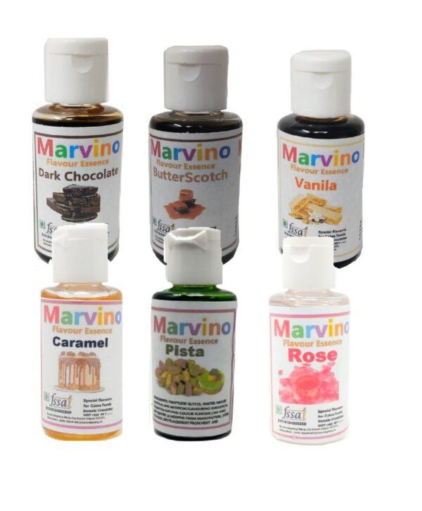 Marvino 6 Pack Classic Flavour Essence Extracts Rose,Butter Scotch, Dark Chocolate, Pista, Caramel , Vanila for Flavouring cakes sweets choclates icec