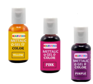 Marvino metalic gel Colors edible Food Colours for cake pastries pinata white chocolate sweets and creams (Set of 3) Yellow, Pink, Purple Multicolor