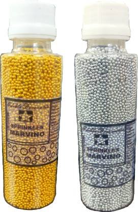 Marvino Gold & Silver Small1mm Sprinkels For Decorating cakes , Ice-cream, Pastries (Pack of 2) 100 Gm silver & Gold Sprinkles