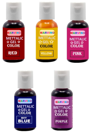 Marvino Metalic Gel Colors for cake pastries pinata white chocolate sweets and creams (Set of 5) Red, Yellow, Orange, Navy blue Purple Multicolor