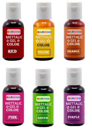 Marvino Metalic Gel Colors for cake pastries pinata white chocolate sweets and creams (Set Of 6) Red, orange, yellow, Pink, Green , Purple Multicolor