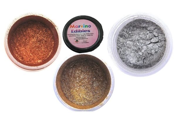 Marvino Cake Decorating Kit Silver Gold Copper Gel Colors And Edible Glittering Shiner Dust Pack of 6.