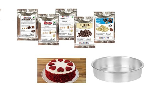 Marvino Ready to Bake premix (Vanilla red Velvet Chocolate premix White Choco Chips Chocolate Choco Chips with Round Aluminum Mold)