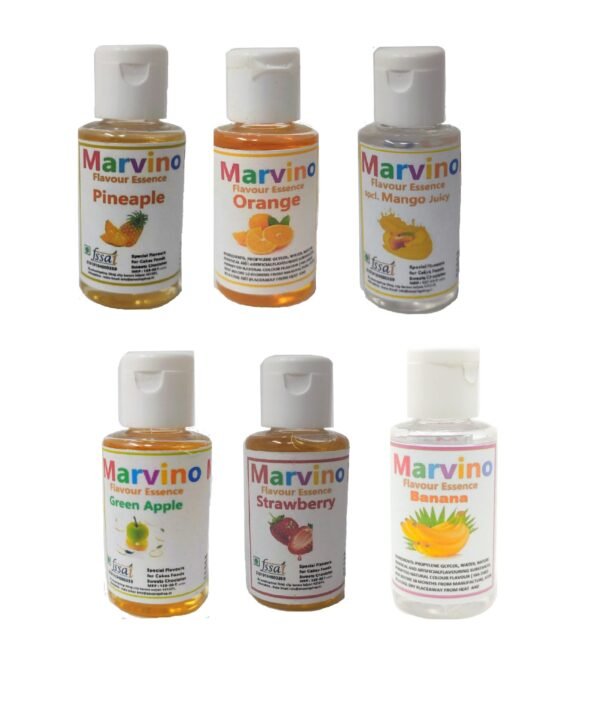Marvino 6 Fruit Flavour Essence Extracts Pineaple Banana Strawbery Mango Orange Apple for Flavouring cakes sweets choclates icecreams