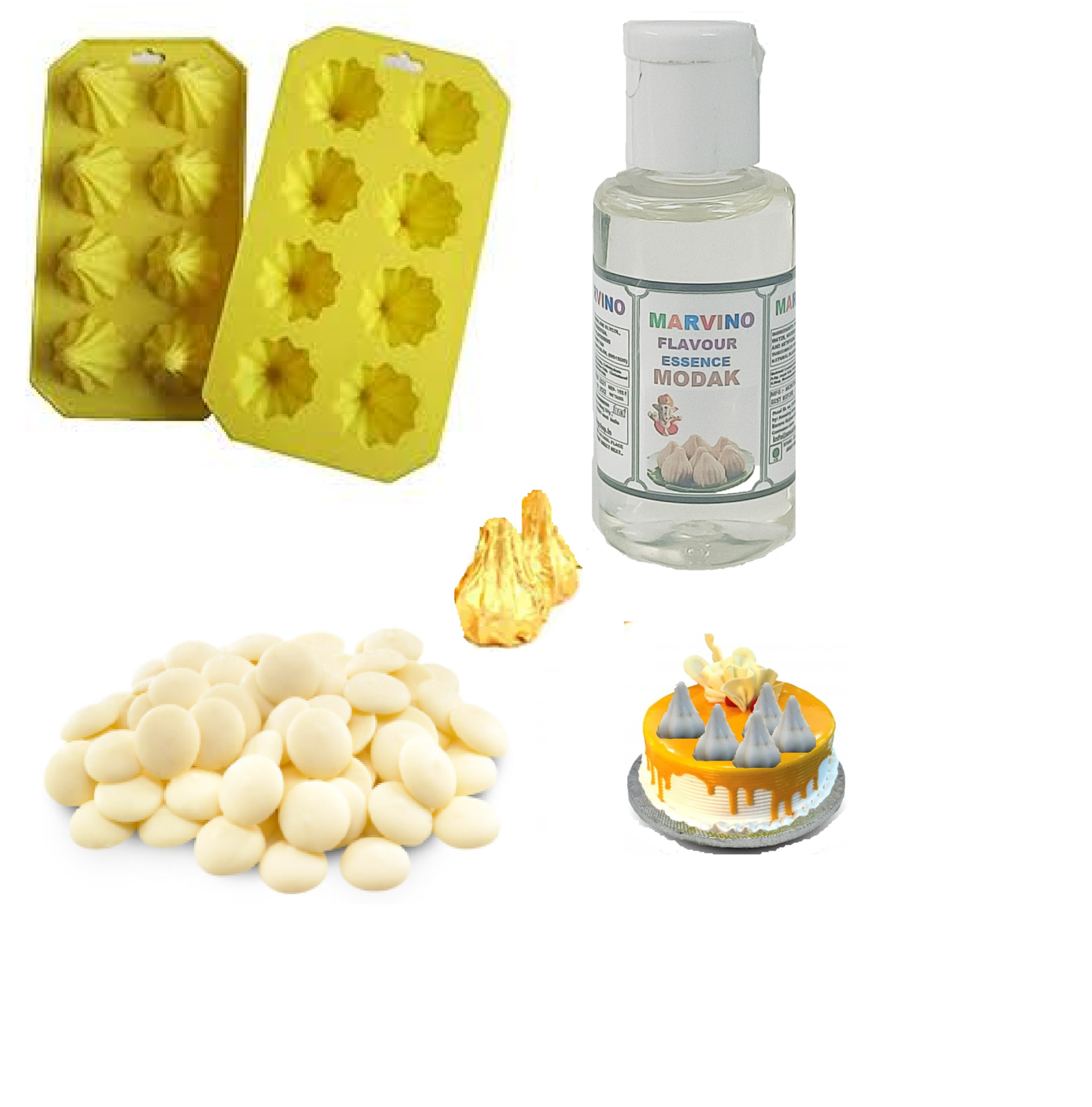 Marvino Silicone Modak Mould 8 Cavaties Modak Flavoring Essence & White Chocolate Mentos 400 gm