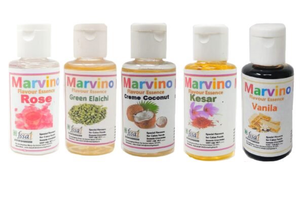 Marvino 5 Naturiuose Flavour Essence Extracts Rose, Kesar, Green Elaichi, Vanila for Flavouring cakes sweets choclates icecreams